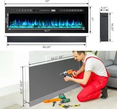 Настенный Электрический камин, светодиодный, утопленный, 9 цветов пламени, пульт дистанционного управления с таймером