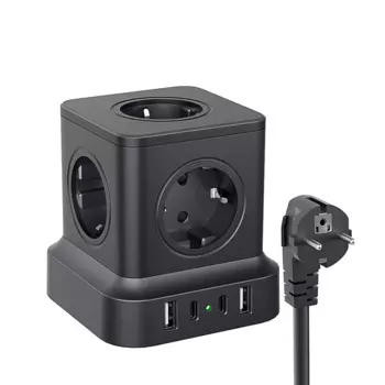 Настольный удлинитель европейской башни с 5 розетками переменного тока и 2 адаптера питания USB-A, 2 порта USB-C, удлинительный кабель длиной 1,8 м для домашнего использования