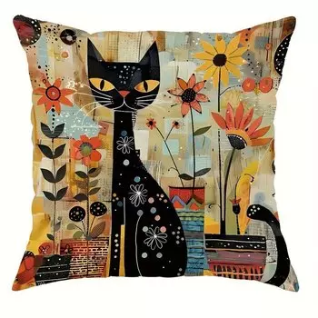 Наволочка черная кошка цветы