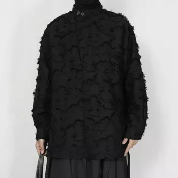 NDNBF yamamoto style homme 2024 Весна черная рубашка мужской свободный стоячий воротник бахрома жаккардовый пуловер с длинным рукавом рубашка осень