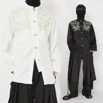 NDNBF yamamoto style homme, весна 2024, новинка, мужская рубашка с вышивкой из золотой нитки, китайский дзен, свободная рубашка с воротником-стойкой и длинными рукавами