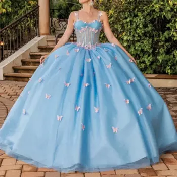 Небесно-Голубое Бальное Платье для девушек, милое платье принцессы, 16 дней рождения, искусственное платье с бусинами, бантом и открытой спиной, Пышное Платье-бабочка, 15