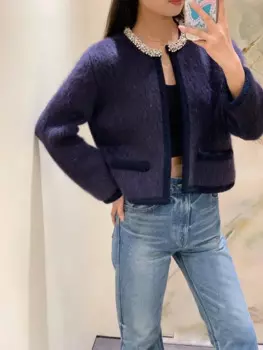 Небольшой нишевой дизайнерский женский свитер, Свободный Повседневный мохеровый кардиган с круглым вырезом и бусинами