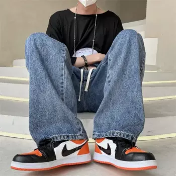 Нейтральные простые однотонные Длинные мужские джинсы в Корейском стиле Модные уличные Свободные повседневные джинсовые брюки мужские драпировки