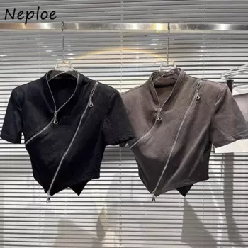 Neploe 2024, летние новые топы, женские уличные панк-футболки с косым воротником на молнии Y2k E-Girl, облегающая черная футболка с короткими рукавами