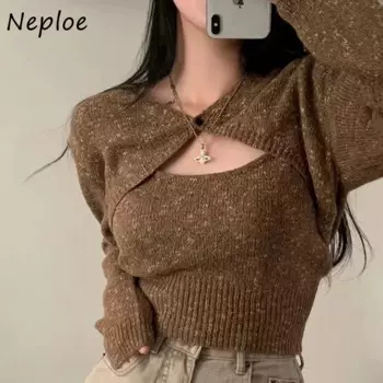 Neploe 2024 осень-зима шикарный пикантный приталенный однотонный топ с бретельками и длинным рукавом на одной пуговице Вязаная Шаль