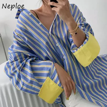 Neploe лоскутные блузки с отложным воротником в полоску контрастного цвета Blusas Mujer De Moda 2024, однобортные рубашки с длинными рукавами