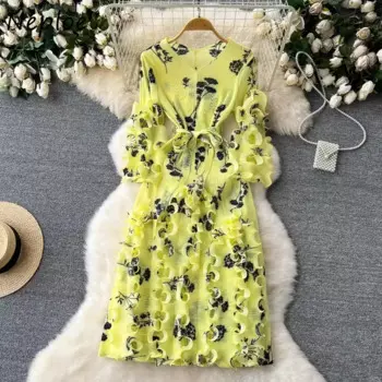 Neploe модные милые платья с грибком и принтом Y2k, кружевное платье с тонкой талией для женщин, новинка 2024, летние новые платья с рюшами и длинными рукавами