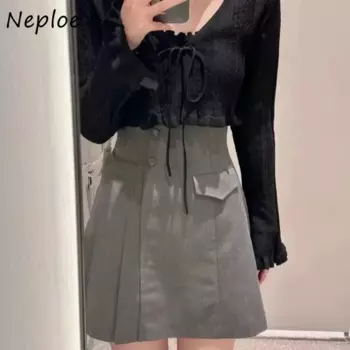 Neploe Sweet Универсальная юбка с высокой талией и рюшами А-силуэта Асимметричная молния Повседневная женская Falda Japan New Moda Slim Fit Mujer Faldas
