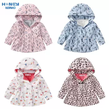 Непромокаемое пальто HONEYKING из искусственной кожи для девочек, детский тренчкот с мультяшным принтом пингвина, Детская ветрозащитная флисовая куртка с капюшоном, верхняя одежда