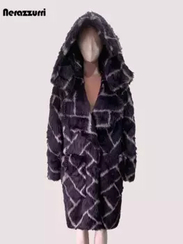 Nerazzurri осень зима длинная толстая теплая волосатая красочная клетчатая шуба из искусственного меха женщины с откидным капюшоном с карманами с длинным рукавом свободная пушистая куртка шуба искусственный мех 2024