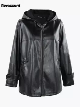 Nerazzurri Весна Осень Черная Водонепроницаемая Легкая Мягкая Куртка из искусственной кожи Женщины с капюшоном на молнии с длинным рукавом Свободная повседневная верхняя одежда плащ 2023 кожаная куртка женская