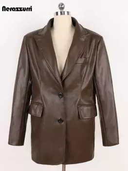 Nerazzurri Весна Осень Коричневый Мягкий Пиджак из искусственной кожи Женщины с длинным рукавом Однобортный Свободный Повседневный Корейская Мода 2024 кожаная куртка женская верхняя одежда женская