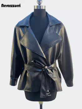 Nerazzurri Весна Осень Короткая Элегантная Шикарная Роскошная Черная Легкая Искусственная Кожаная Куртка Женщины С Поясами Свободная Повседневная Верхняя Одежда Женщины 2024 косуха кожаная куртка верхняя одежда женская