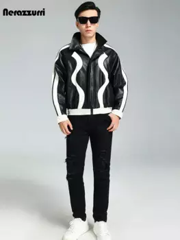Nerazzurri Весна Осень Красивый Короткий Черно-Белый Цветной Блок Искусственная Кожаная Куртка Мужчины С Молнией Роскошная Дизайнерская Верхняя Одежда Мужчины 2023 кожаная куртка мужская