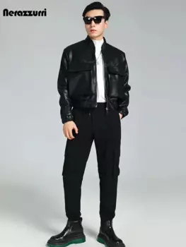 Nerazzurri Весна Осень Прохладная Красивая Короткая Жесткая Черная Искусственная Кожаная Куртка Мужчины С Трехмерными Карманами С Молнией Верхняя Одежда Мужчины 2023 Кожаная Куртка Мужчины