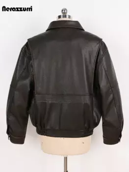 Nerazzurri Весна Осень Прохладная Красивая Водонепроницаемая Выстиранная Потрепанная Коричневая Короткая Искусственная Кожаная Куртка Женщины С Карманами С Молнией Подиум Мода 2022 кожаная куртка женская