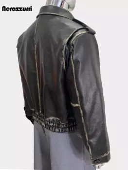 Nerazzurri Весна Осень Прохладная Винтажная Потертая Водонепроницаемая Куртка из Искусственной Кожи Мужчины с длинным рукавом и молнией Роскошный Дизайнер Американская Ретро Верхняя Одежда Мужчины 2024