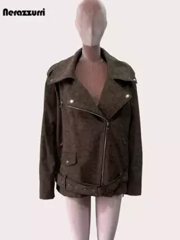 Nerazzurri весна осень оверсайз потертый коричневый мягкая куртка из искусственной кожи женская с поясом на молнии с длинным рукавом свободная повседневная корейская мода кожаная куртка женская косуха женская пальто