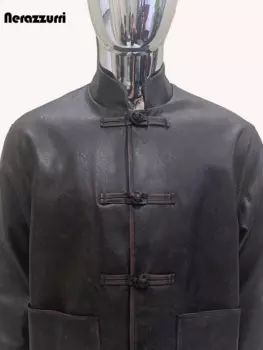 Nerazzurri весна осень потертая черная куртка из искусственной кожи мужчины с длинным рукавом и мандариновым воротником с карманами элегантная роскошная китайская верхняя одежда мужчины 2024 кожаная куртка мужская