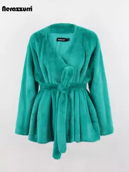 Nerazzurri зимнее черное негабаритное толстое теплое мягкое пальто из искусственного меха женское с v-образным вырезом и поясом двубортная повседневная пушистая куртка Верхняя одежда оверсайз 2022 шуба искуственная