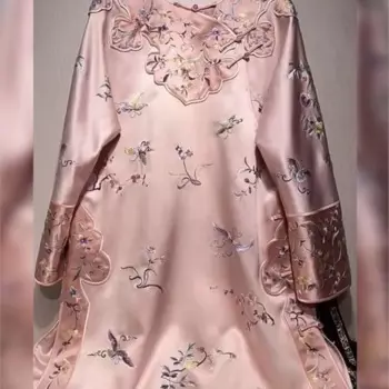 Женское платье-Ципао с длинным рукавом, розовое платье в китайском стиле