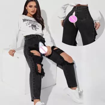 Невидимая молния с открытой промежностью сексуальные брюки винтажные Женские Прямые рваные джинсы-бойфренды с высокой талией потертые джинсы