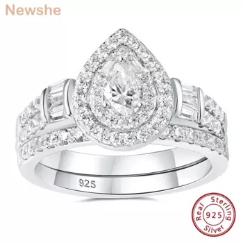 Newshe элегантные свадебные комплекты для женщин AAAAA с кубическим цирконом и каплями воды, свадебное кольцо из стерлингового серебра 925 пробы, размер 5-10