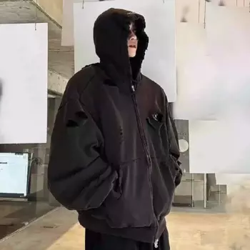 NIGO мужской потертый черный свитер с старыми отверстиями и двойной молнией, корейская и американская куртка с капюшоном, весенне-осенняя одежда # NGTOP11421