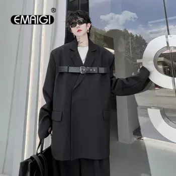 Нишевая функциональная стильная куртка для костюма, Мужская Уличная одежда с ремнем и пряжкой, Модные свободные повседневные блейзеры большого размера, костюм, пальто унисекс