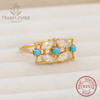 Нишевое ретро-полое кольцо S925 с серебряным опалом и бирюзой