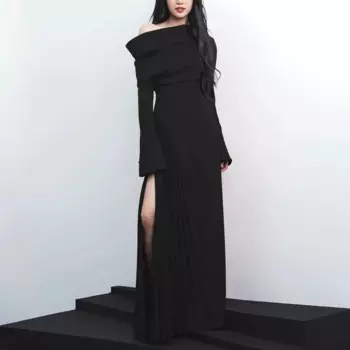 Нишевое высококачественное многослойное платье с открытыми плечами, женское осеннее новое плиссированное платье с расклешенными рукавами