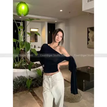 Нишевой дизайн, необычный Топ на одно плечо без бретелек, женская футболка с длинным рукавом и лентой с пряностями