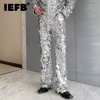 Нишевые дизайнерские мужские брюки IEFB, повседневные однотонные прямые штаны с блестками, мужские брюки с широкими штанинами, осень 9C7538