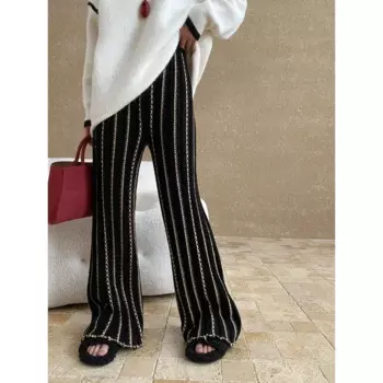 Нишевые дизайнерские ретро-вышитые полосатые текстурированные эластичные трикотажные широкие брюки с высокой талией