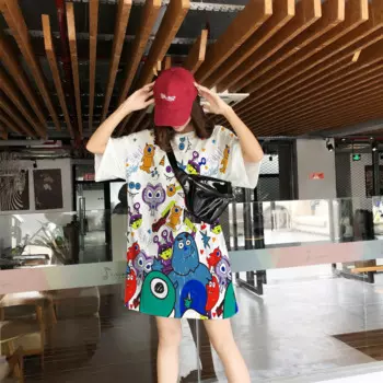 Ночная рубашка с большими глазами в виде монстра, летняя Свободная Женская юбка средней длины, дышащая Пижама с короткими рукавами и мультяшным принтом