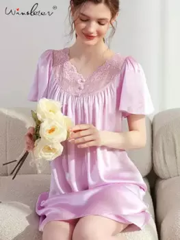 Ночная рубашка Winsleter из 100% натурального шелка, элегантная повседневная Милая Пижама, Женская кружевная ночная рубашка с V-образным вырезом для лета и осени P47189QM