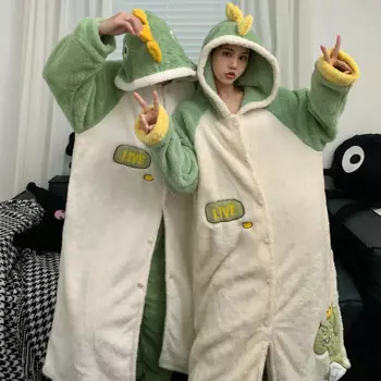 Ночная сорочка для пар, женские и мужские пижамы, кавайная зимняя утепленная ночная рубашка с динозавром, одежда для сна, пижама с капюшоном и брюками, костюм ночной рубашки