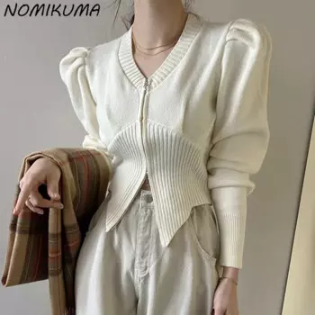 Nomikuma элегантный Пышный рукав V-образный вырез женский вязаный кардиган модный двойной молнии Тонкий свитер 2023 Весна Новый трикотажный пиджак