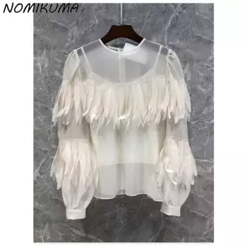 Nomikuma, французская рубашка с лепестками и кисточками, Лоскутная рубашка с рукавами-фонариками для женщин на весну 2024, корейский элегантный нишевой женский топ