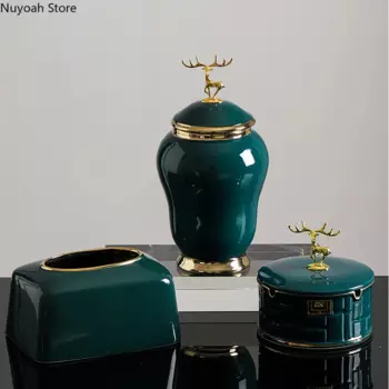 Nordic светильник класса люкс темно-зеленые керамические хранения кувшин, ваза украшения золотой Лось крышкой конфетные банкуи жизни (по обеим сторонам), украшение для комнаты