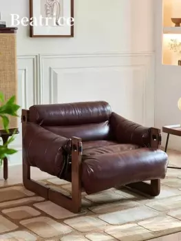 Нордическое средневековое одноместное кресло из Джерси, дизайнерское кожаное ретро-кресло из массива дерева для гостиной, спальни, повседневное ленивое кресло с откидывающейся спинкой