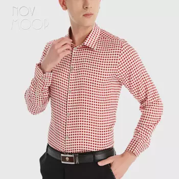 Novmoop 19 мм атласная Мужская рубашка pandex из натурального шелка, Высококачественная Мужская рубашка, маленькая красная клетчатая рубашка LT3543