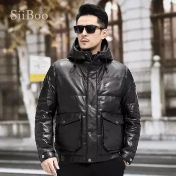 Novmoop Мужская однотонная пуховая куртка с капюшоном из натуральной кожи Удобная стильная куртка-бомбер LT3379
