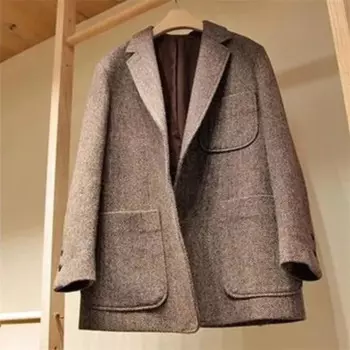 НОВЫЙ свободный утепленный костюм ретро Клетчатая Шерстяная куртка Женская мода с карманами офисный