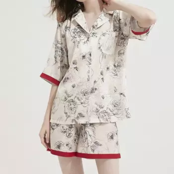 Новая китайская чернильная живопись с красными краями в китайском стиле, атласная гладкая женская пижама из ледяного шелка, домашняя пижама с коротким рукавом