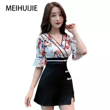 Новая красота, искусственная техника, одежда для сауны, спа, отеля, ресепшн, комбинезоны, эстетический костюм, платье с принтом и оборками на рукавах