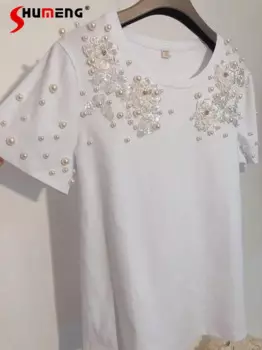 Новая летняя трехмерная цветочная кружевная футболка с блестками и бисером, жемчужно-белая женская эластичная облегающая хлопковая футболка с короткими рукавами