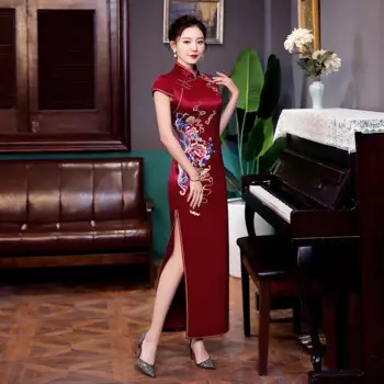 Новая мода элегантное ацетатное длинное платье Cheongsam с ручной вышивкой в стиле ретро