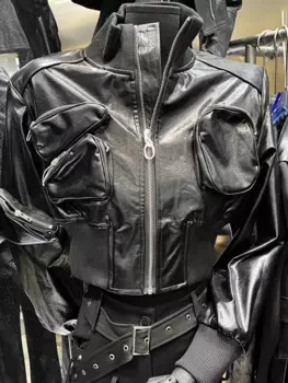 Новая модная стильная Свободная куртка из искусственной кожи с воротником-стойкой и карманами, пряное короткое мотоциклетное пальто для девушек, женская кожаная куртка, мода 2024